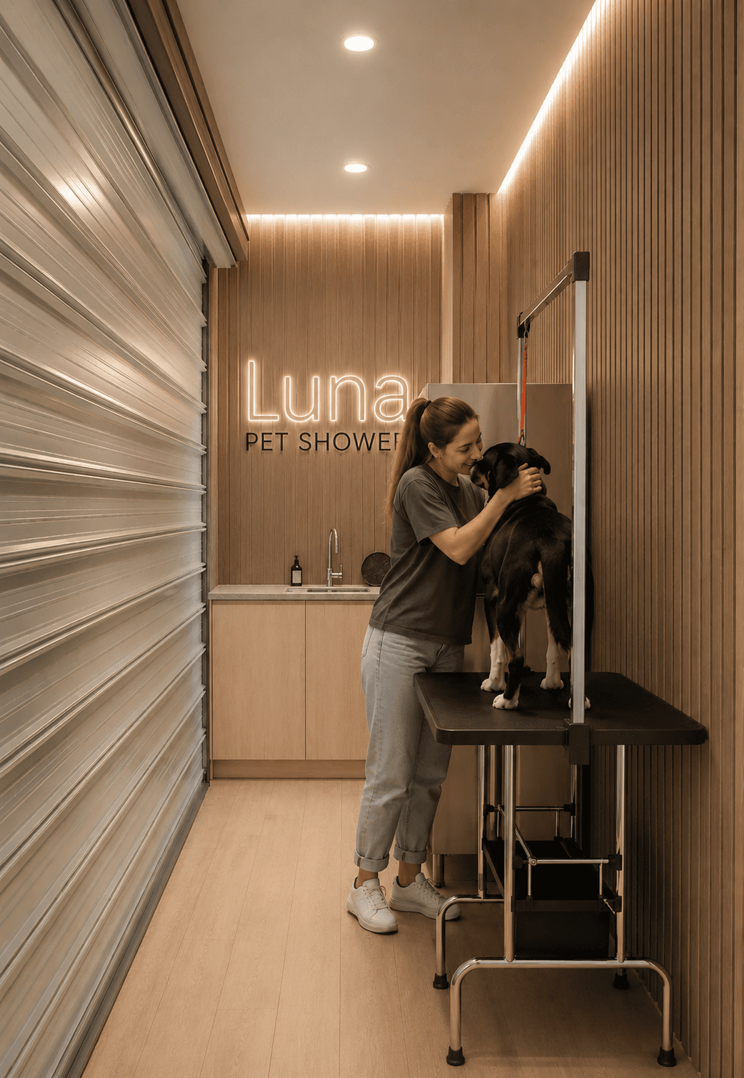 Mujer acaricia a un perro sobre una mesa de aseo en una estética canina moderna.