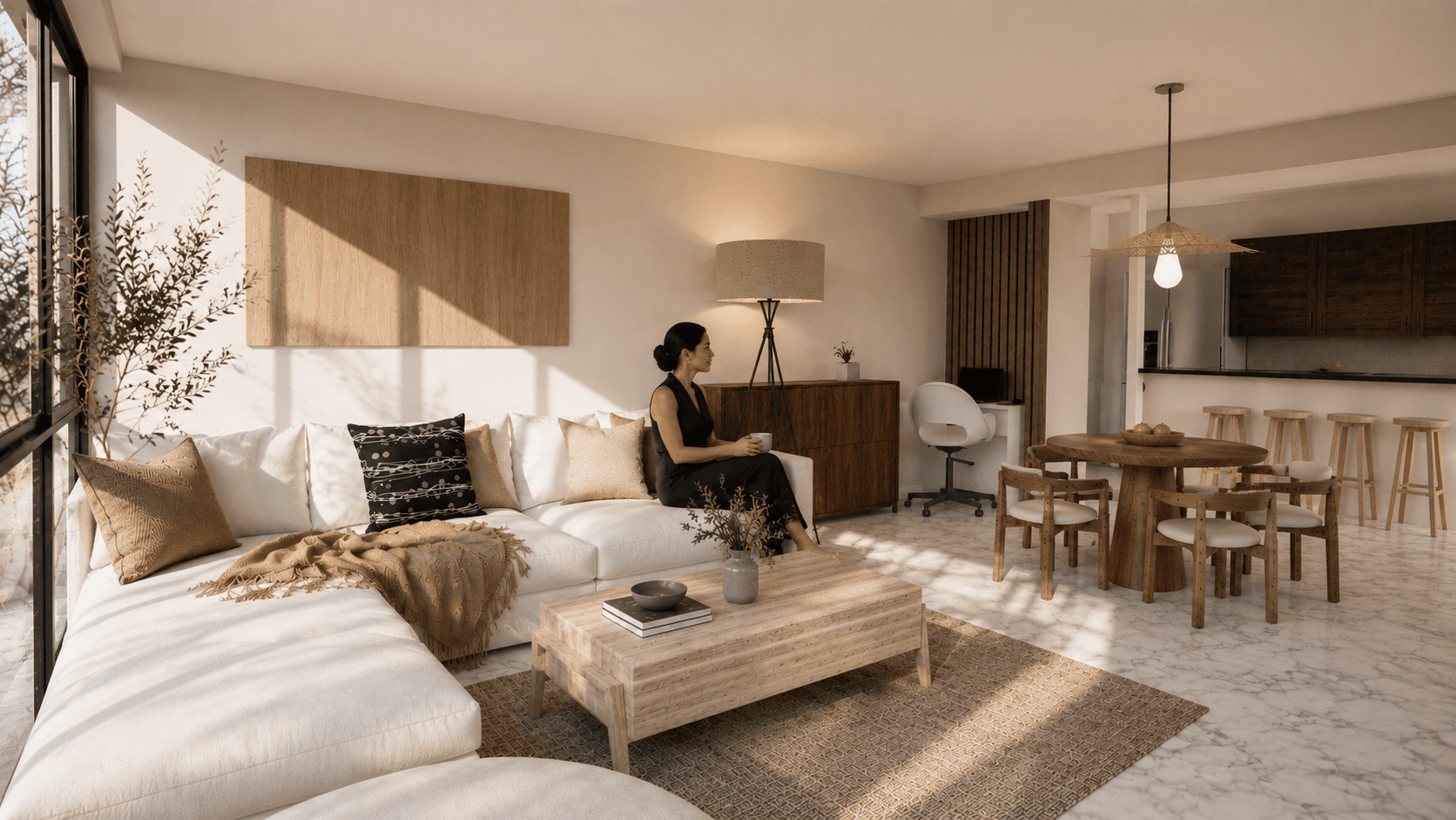 Mujer en sofá blanco en sala moderna y luminosa con muebles de madera y comedor.