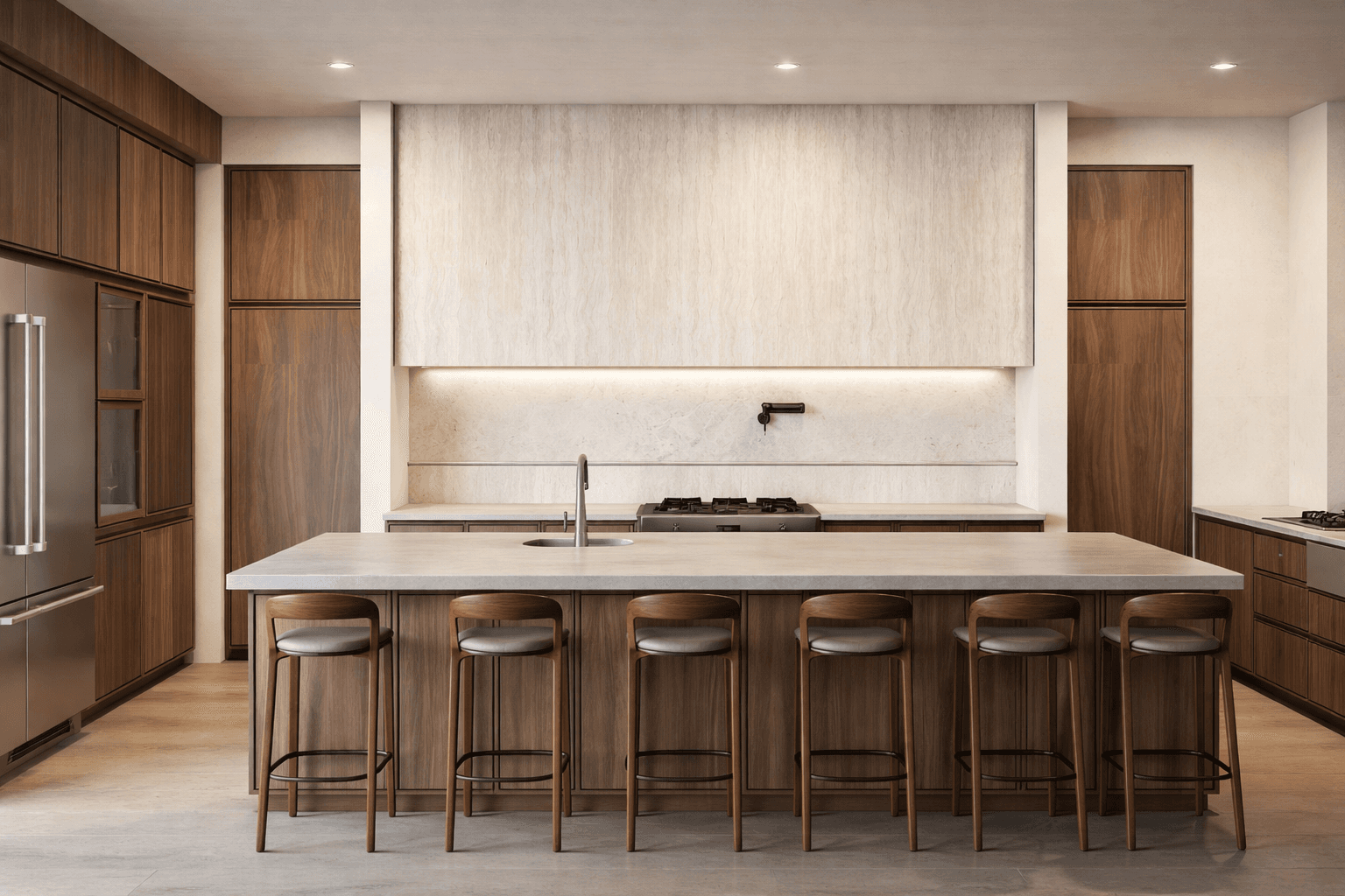 Cocina moderna y minimalista con isla de mármol, taburetes de madera y gabinetes oscuros.